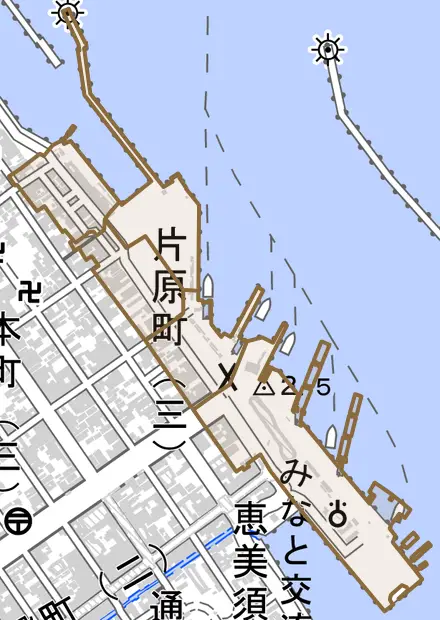 片原町とその周辺の地図。町の範囲を重ねている