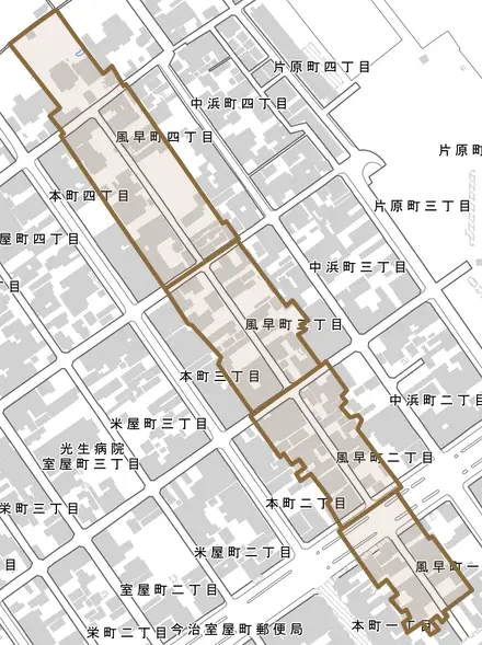 風早町とその周辺の地図。町の範囲を重ねている