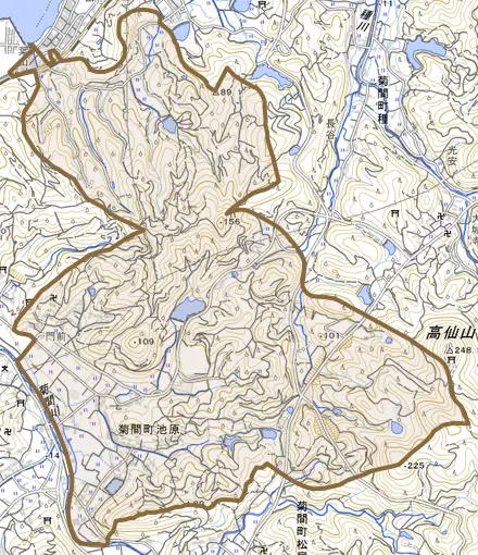 菊間町池原とその周辺の地図。町の範囲を重ねている