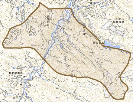菊間町川上とその周辺の地図。町の範囲を重ねている