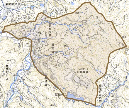 菊間町松尾とその周辺の地図。町の範囲を重ねている