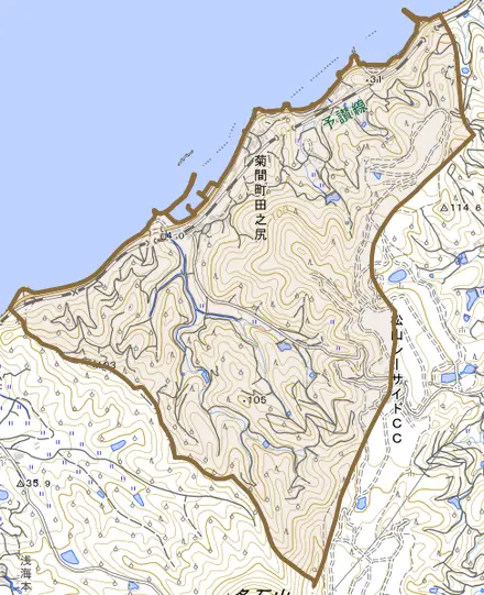 菊間町田之尻とその周辺の地図。町の範囲を重ねている