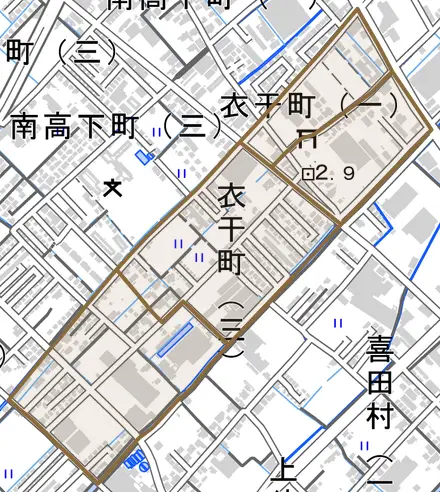 衣干町とその周辺の地図。町の範囲を重ねている