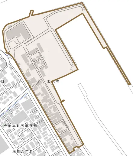 北浜町とその周辺の地図。町の範囲を重ねている