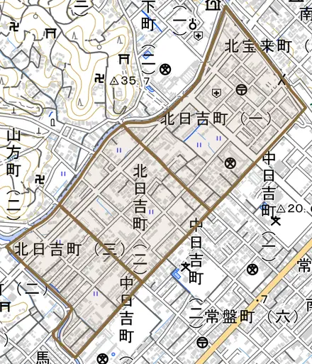 北日吉町とその周辺の地図。町の範囲を重ねている