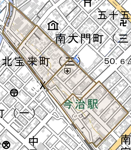 北宝来町とその周辺の地図。町の範囲を重ねている
