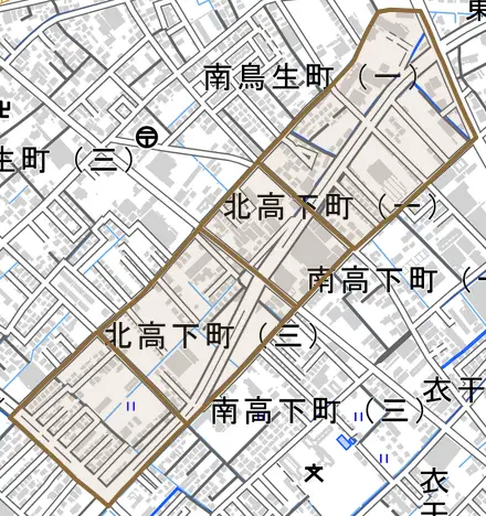 北高下町とその周辺の地図。町の範囲を重ねている