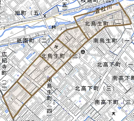 北鳥生町とその周辺の地図。町の範囲を重ねている