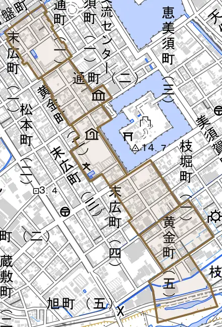 黄金町とその周辺の地図。町の範囲を重ねている