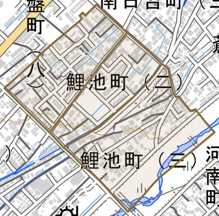 鯉池町とその周辺の地図。町の範囲を重ねている