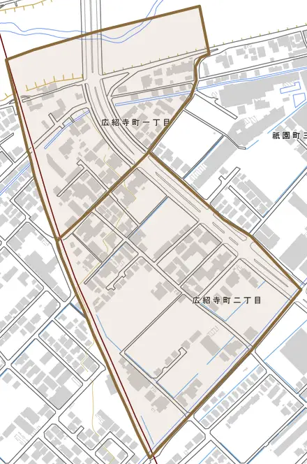 広紹寺町とその周辺の地図。町の範囲を重ねている