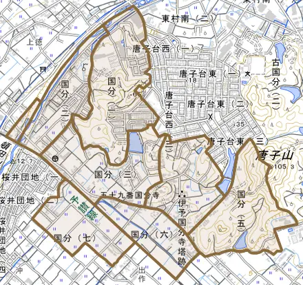 国分とその周辺の地図。町の範囲を重ねている