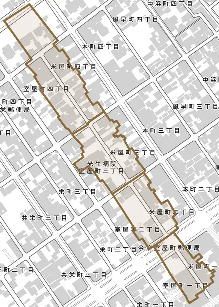 米屋町とその周辺の地図。町の範囲を重ねている