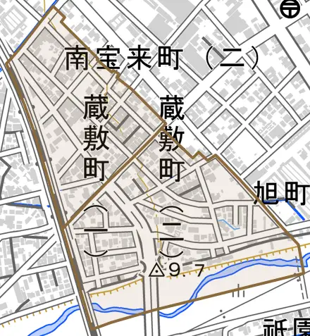 蔵敷町とその周辺の地図。町の範囲を重ねている