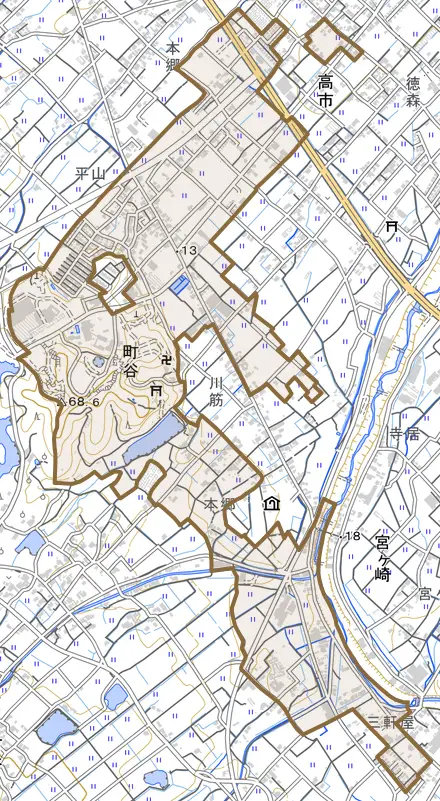 町谷とその周辺の地図。町の範囲を重ねている