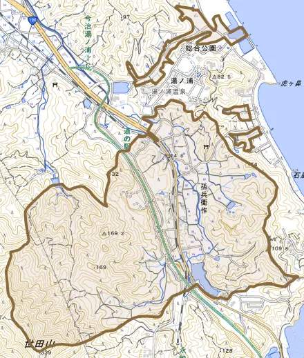 孫兵衛作とその周辺の地図。町の範囲を重ねている