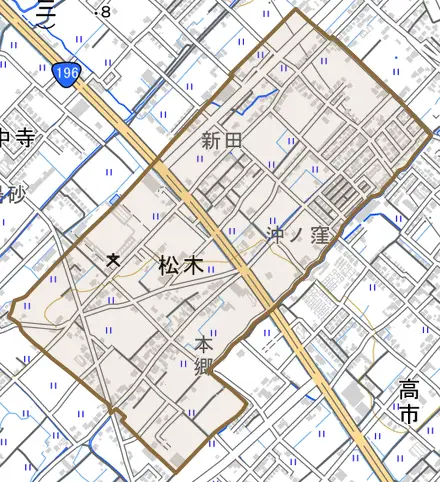 松木とその周辺の地図。町の範囲を重ねている