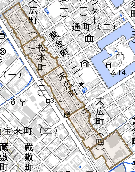 松本町とその周辺の地図。町の範囲を重ねている
