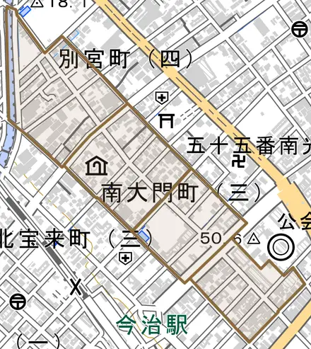 南大門町とその周辺の地図。町の範囲を重ねている