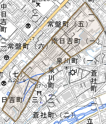 南日吉町とその周辺の地図。町の範囲を重ねている