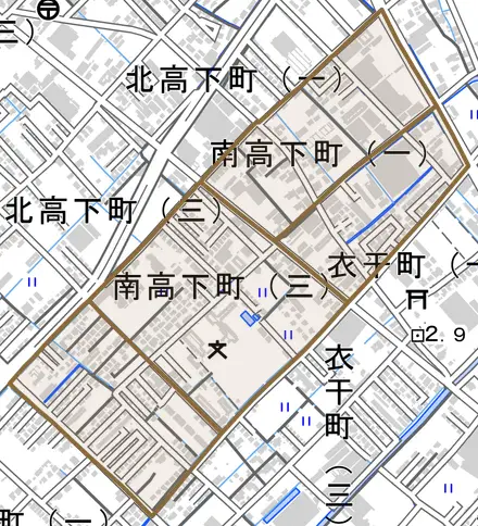 南高下町とその周辺の地図。町の範囲を重ねている