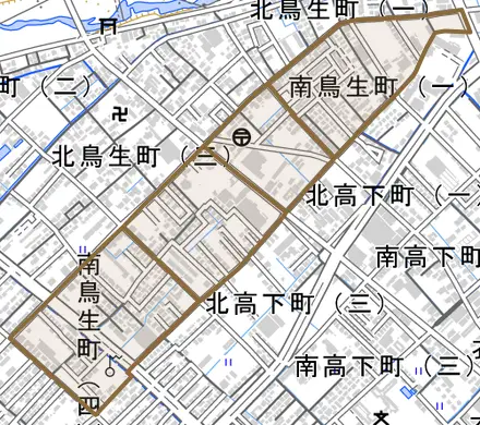 南鳥生町とその周辺の地図。町の範囲を重ねている