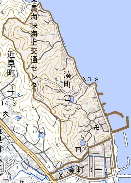 湊町とその周辺の地図。町の範囲を重ねている
