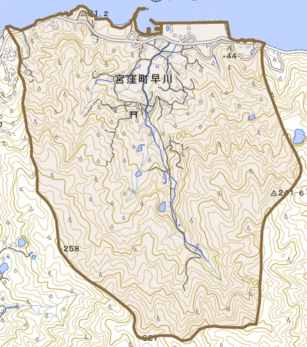 宮窪町早川とその周辺の地図。町の範囲を重ねている