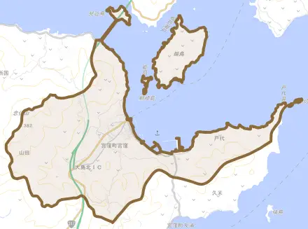 宮窪町宮窪とその周辺の地図。町の範囲を重ねている