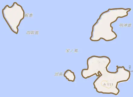 宮窪町四阪島とその周辺の地図。町の範囲を重ねている