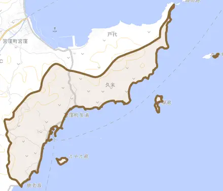 宮窪町友浦とその周辺の地図。町の範囲を重ねている