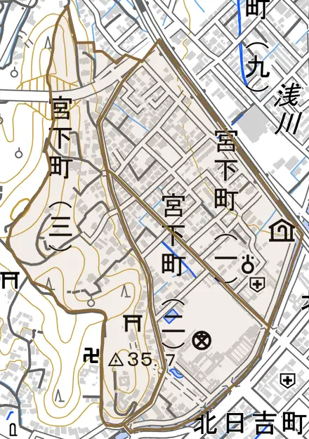 宮下町とその周辺の地図。町の範囲を重ねている