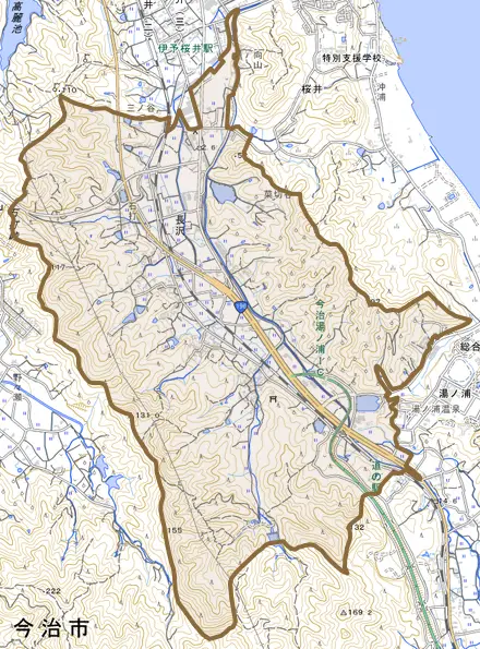 長沢とその周辺の地図。町の範囲を重ねている