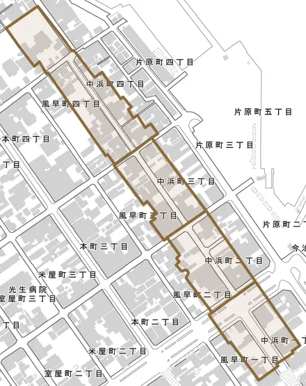 中浜町とその周辺の地図。町の範囲を重ねている