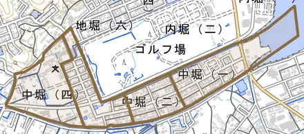 中堀とその周辺の地図。町の範囲を重ねている