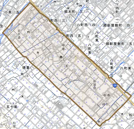 中寺とその周辺の地図。町の範囲を重ねている