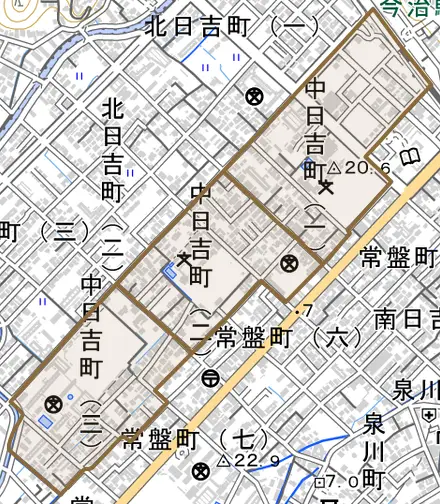 中日吉町とその周辺の地図。町の範囲を重ねている