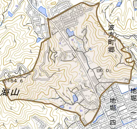 波方町郷とその周辺の地図。町の範囲を重ねている