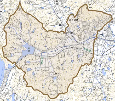 波方町樋口とその周辺の地図。町の範囲を重ねている