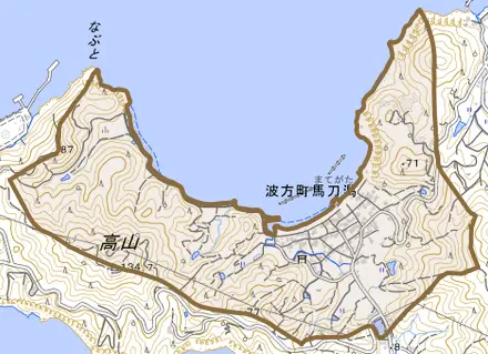 波方町馬刀潟とその周辺の地図。町の範囲を重ねている