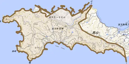 波方町宮崎とその周辺の地図。町の範囲を重ねている