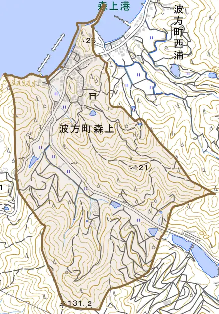 波方町森上とその周辺の地図。町の範囲を重ねている