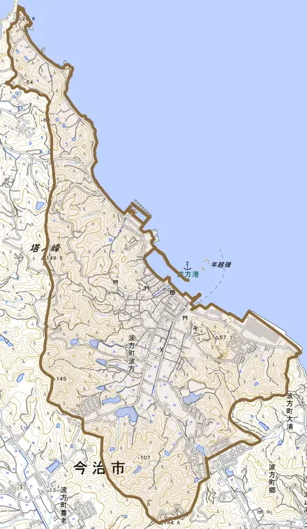波方町波方とその周辺の地図。町の範囲を重ねている