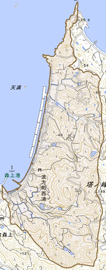 波方町西浦とその周辺の地図。町の範囲を重ねている