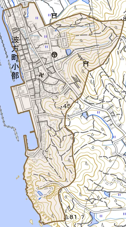 波方町小部とその周辺の地図。町の範囲を重ねている
