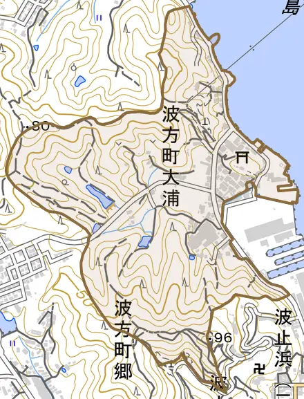 波方町大浦とその周辺の地図。町の範囲を重ねている