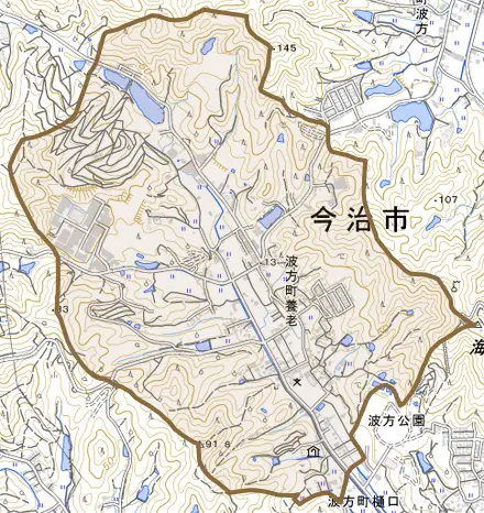 波方町養老とその周辺の地図。町の範囲を重ねている