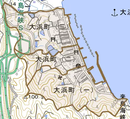 大浜町とその周辺の地図。町の範囲を重ねている