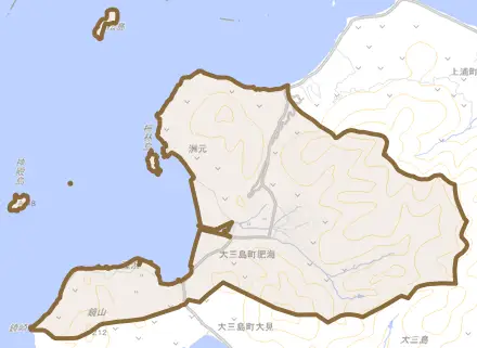 大三島町肥海とその周辺の地図。町の範囲を重ねている