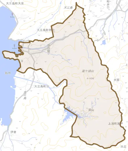 大三島町宮浦とその周辺の地図。町の範囲を重ねている